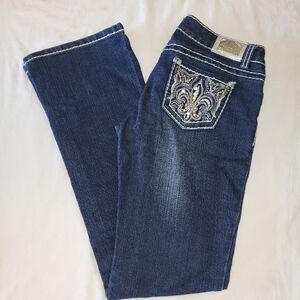 Miss Chic - Blue Embellished Rhinestone Mid-rise Bootcut Jeans - (9)